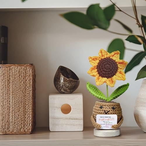 Image of Handmade Positive Sunflower Crochet Doll for Women with True Friends are Like Bright Sunflowers Card - Cute Decorative Friendship Gifts for Birthday