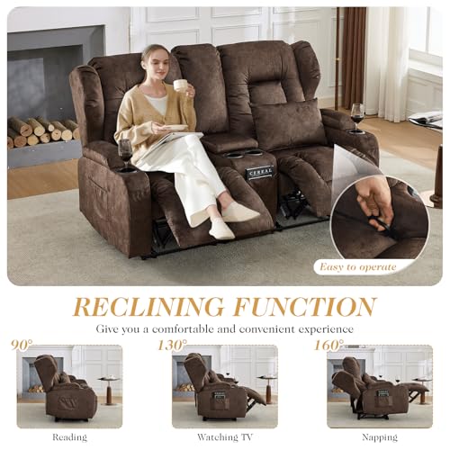 Image of Loveseat Recliner Sofa with Console,RV Wall Hugger Recliners for Small Spaces,Reclining Loveseat Sofa Recliner with Cup Holders /Lumbar Pillows,RV Furniture (Velvet Brown, 66 inch 2-Seater)