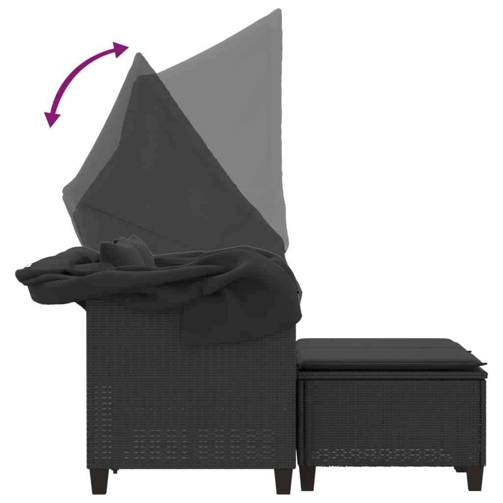 Willood Gartensofa 2-Sitzer mit Dach und Hockern Schwarz Poly Rattan Das Material ist langlebig, robust, pflegeleicht, leicht und einfach zu reinigen,Abnehmbar und waschbar