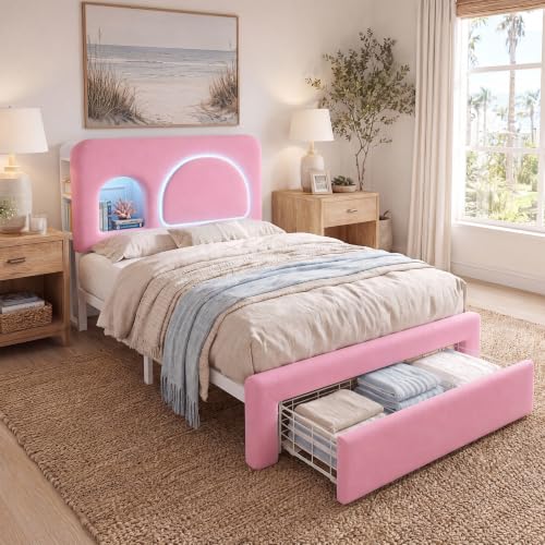 Image of Twin Bed Frame for Girls with Storage Headboard & Charging Station, Pink