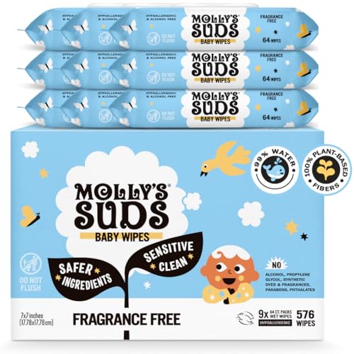Image of Molly's Suds Sensitive Clean Baby Wipes | 99% Water, Plant-Based, Fragrance Free | 576 Total Wipes (9 Flip-Top Packs)