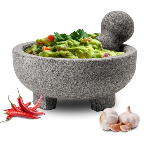 WhiteRhino Mortar and Pestle Set, 4 Cup Natural Unpolished Granite Molcajete Mexicano, 8-in Extra Large Guacamole Bowl, Motar Pestel Stone Grinder for Guacamole, Salsa, Spices, Herbs, Seasonings