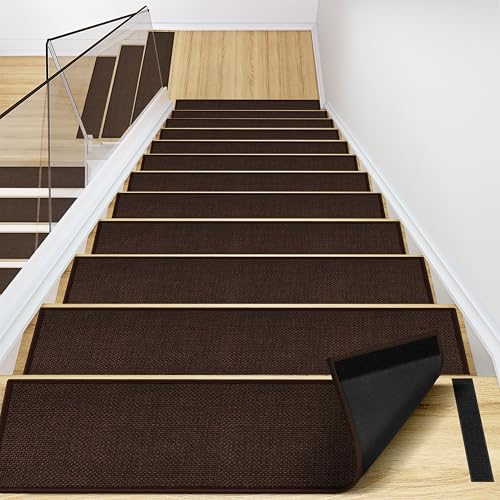 La mejor selección de Alfombras de escalera los mejores 5. 50 Pelar y pegar escaleras con respaldo de goma, paquete de 15, alfombra de yute para escaleras de escalera, almohadillas para orejas reutilizables para escaleras para pies desnudos,...