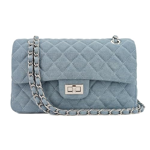 Image of M-ioi-M Quilted Denim Crossbody Bags for Women, Chain Strap Shoulder Bags, Medium Double Flap Purse, Gold Hardware Jean Purse