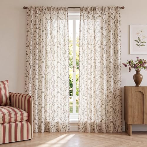 Image of THREE GIRLS Floral Linen Shree Printed Curtains 120 Inches Light Filtering Vintage Farmhouse, Back Tab Rod Pocket Cottage Core Drapes for Living Room Bedroom Dining Room, Beige on Beige, 2 Panels