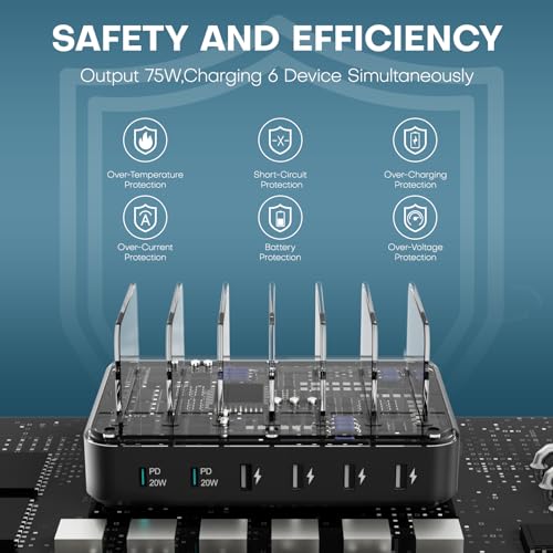 65W 6 Ports Charging Station for Multiple Devices,with 2 USB C Fast Charger - image 7