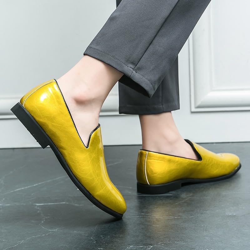 TAYGUM Formal Oxford Shoes for Men Slip On Pointed Toe PU Leather Oxford Shoes Anti-Slip Non Slip Resistant Outdoor(Golden,7)3