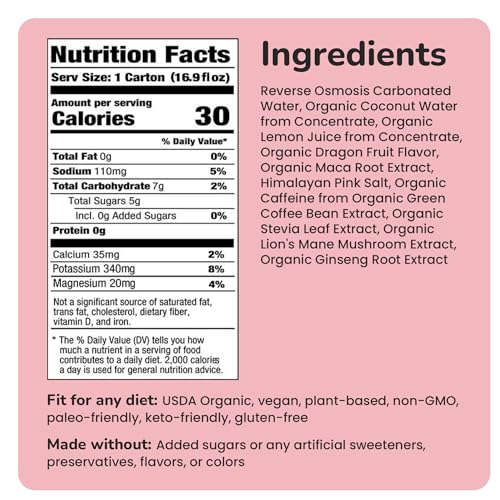 NOOMA - Performance Energy Drink - Pre Workout Drink - Nootropics, Adaptogens + Electrolytes - Organic & 0 Added Sugars - 120mg Clean Caffeine, 15 Calories & 2g Sugar - Dragon Fruit -12 Pack -12oz ea. - Thumbnail 7