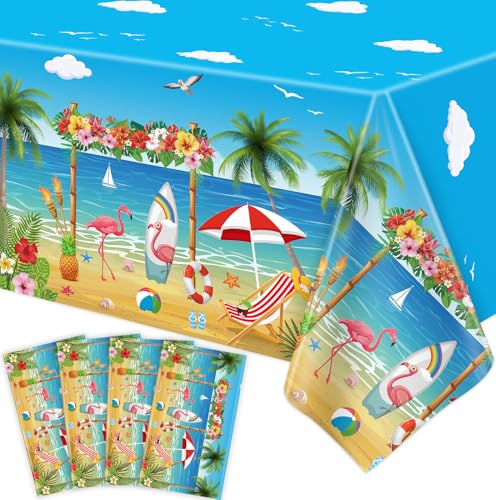 Image of 4 Pack Beach Theme Party Tablecloth Aloha Luau Hawaiian Birthday Table Cloth Flamingo Surfboard Table Cover Disposable Pool Decorations for Baby Showers Seaside Beach Pool Party Supplies 51 x 86 in