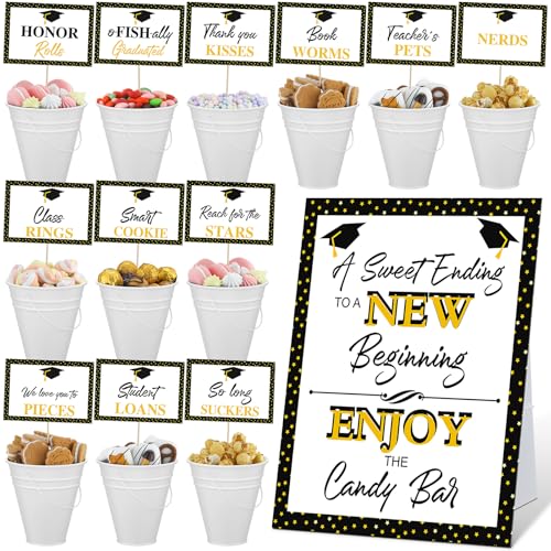 25 Pcs Graduation Candy Buffet Party Decoration Graduation Table Candy Bar Snack Labels Signs and 5'' Buckets with Handle for Class of 2026 High School College(Star Style,White)