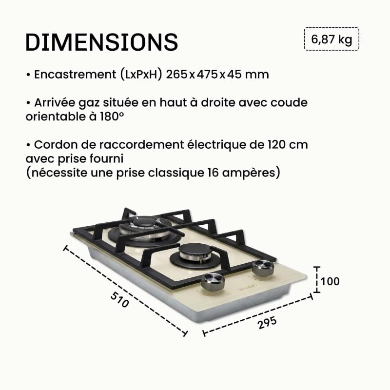 BELDEKO Plaque Gaz 2 Feux 5200W Beige Grilles Fonte - Marque Française