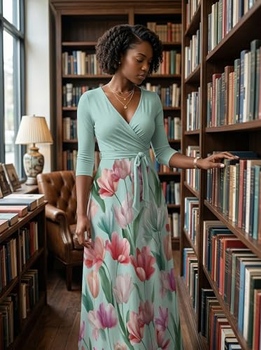Image of PinkPatty Plus Size Maxi Dress for Women Casual V Neck 3 /4 Sleeve Boho Printed Long Dress with Pockets