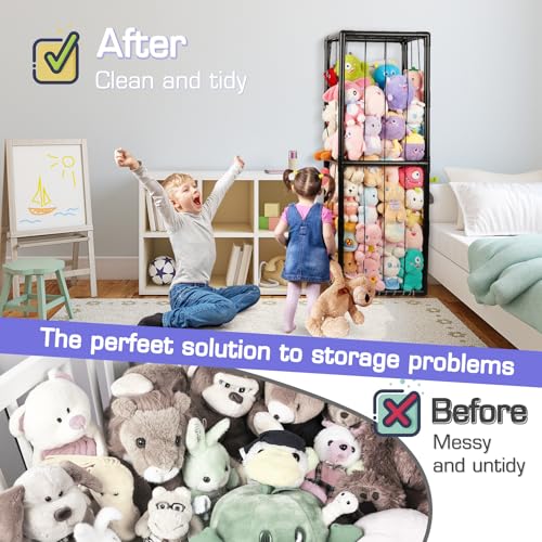 Image of Stuffed Animal Storage Zoo Holder Space Save, PVC Stuffed Animal Organizer | Vertical Plush Toy Organizer with Elastic Band and Net, Large Capacity Stuffy Storage for Playroom Bedroom Nursery