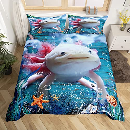 feelingyou Cute Axolotl Bedding Set Single Size,Seaweed Coral Conch Duvet Cover for Kids Boys Bed Comforter Set,Sea Creatures Theme Quilt Decorative 2 Pieces