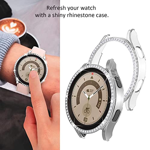 DEALELE [2-PACK] Case Compatible with Samsung Galaxy Watch FE / 5/4 40mm, Bling Single-Row Diamond PC Protective Case Replacement Watch Cover Bumper (40mm, Silver+ Transparent) - Image 5