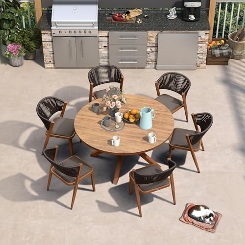 PURPLE LEAF 7 Pieces Round Outdoor Dining Set Patio Furniture Set Aluminum Rattan Wicker Outdoor Dining Table and Chairs for Lawn Garden Backyard Brown