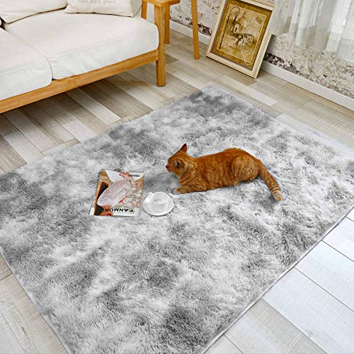 Alfombra Salon Grandes Shaggy Antideslizante Super Suave Pelo Largo Fluffy Alfombra Adecuado para la Decoración de Salas de Estar y Dormitorios Alfombras (80 x 120 cm, Gris Blanco) Cover