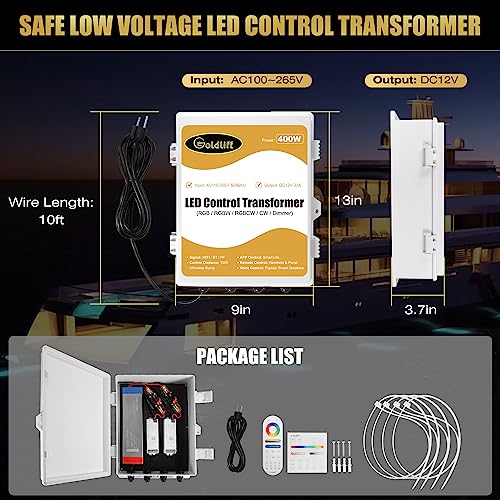 Image of Goldlife C1 400W LED Control Transformer Box, AC110-265V to DC12V Low Voltage Transformer + RGB CCT 5in1 LED Controllers + RF Handheld /Panel Remoters for Pool Boat Landscape Outdoor Lights