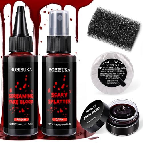 BOBISUKA 5PCS Halloween Fake Blood Kit Dripping Fresh Blood Dark Spray Blood Coagulated Gel Cleansing Soap Stipple Sponge Realistic Washable SFX Makeup for Zombie Vampire Monster & Cosplay