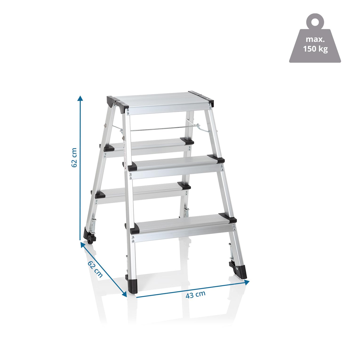 hjh OFFICE 830009 Solid IV Escabeau Pliable en Aluminium avec 3 marches Accessible des Deux côtés Charge maximale 150 kg Argenté