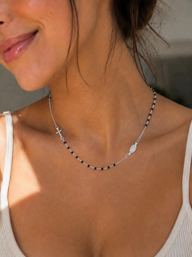 ZELYA Collar de mujer de plata 925 con rosario – Cruz medalla espinela cadena ajustable con grabado + caja de regalo