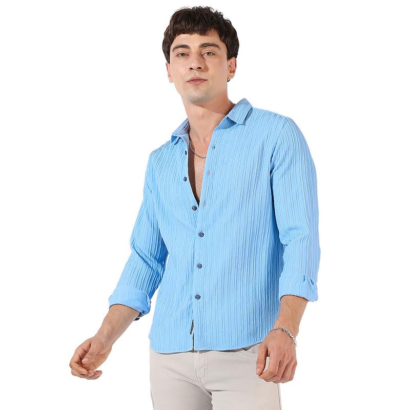 Mens Polyester Blend Shirt Regular Fit Striped Automatic Design Casual Wear Loose Collar Long Sleeve Button Down Shirt Made