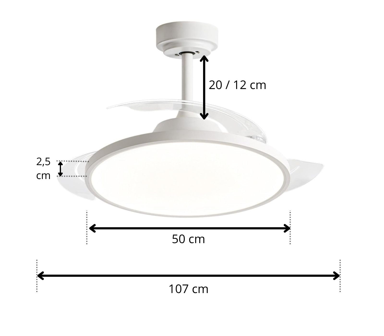 CLICLED Ventilatore da Soffitto con Luce Led e Pale Retrattili 80W | 4 Pale Retrattili a Scomparsa, Plafoniera 50 cm, Tre Temperature di Luce, Ultra Slim, Silenzioso