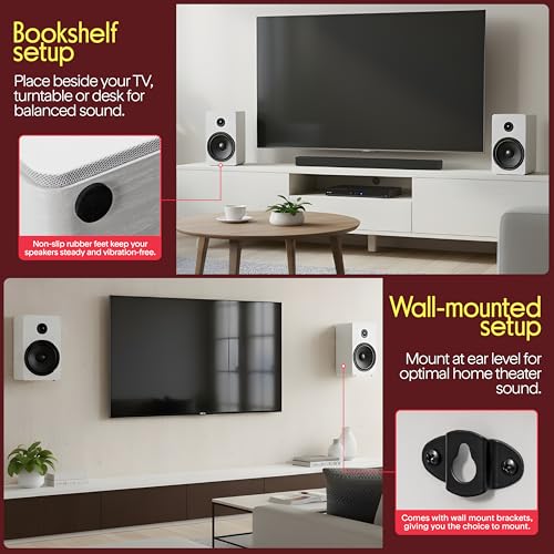 Image of Pyle 6.5 inch Bookshelf Speakers - Pair of Wired Bookshelf Speakers with Wall Mount Brackets, 2-Way HiFi Home Theater with Fiberglass Cone, Soft Dome Tweeter, Compact Design, 11.7 inch x 7 inch x 6.5 inch, White