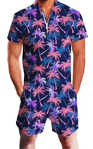 Mens Tropical Romper Hawaiian Palm Tree Short Shirt Beach Party Jumpsuits BBQ Clothing