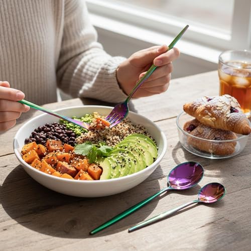Image of 24 Pcs Rainbow Slim Handle Stainless Steel Cutlery Set for Dining Table with Spoons and Forks Set + Butterknives - The Perfect Tableware /Flatware