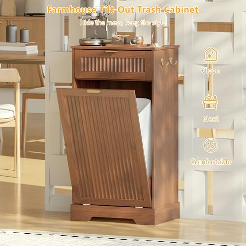 Image of Single 13 Gallon Tilt Out Trash Can Cabinet,Garbage Cabinet with Drawer | Hidden Garbage Storage with Fluted Design, Drawer & Hooks for Kitchen, Dining Room and Small Space Organization,Walnut