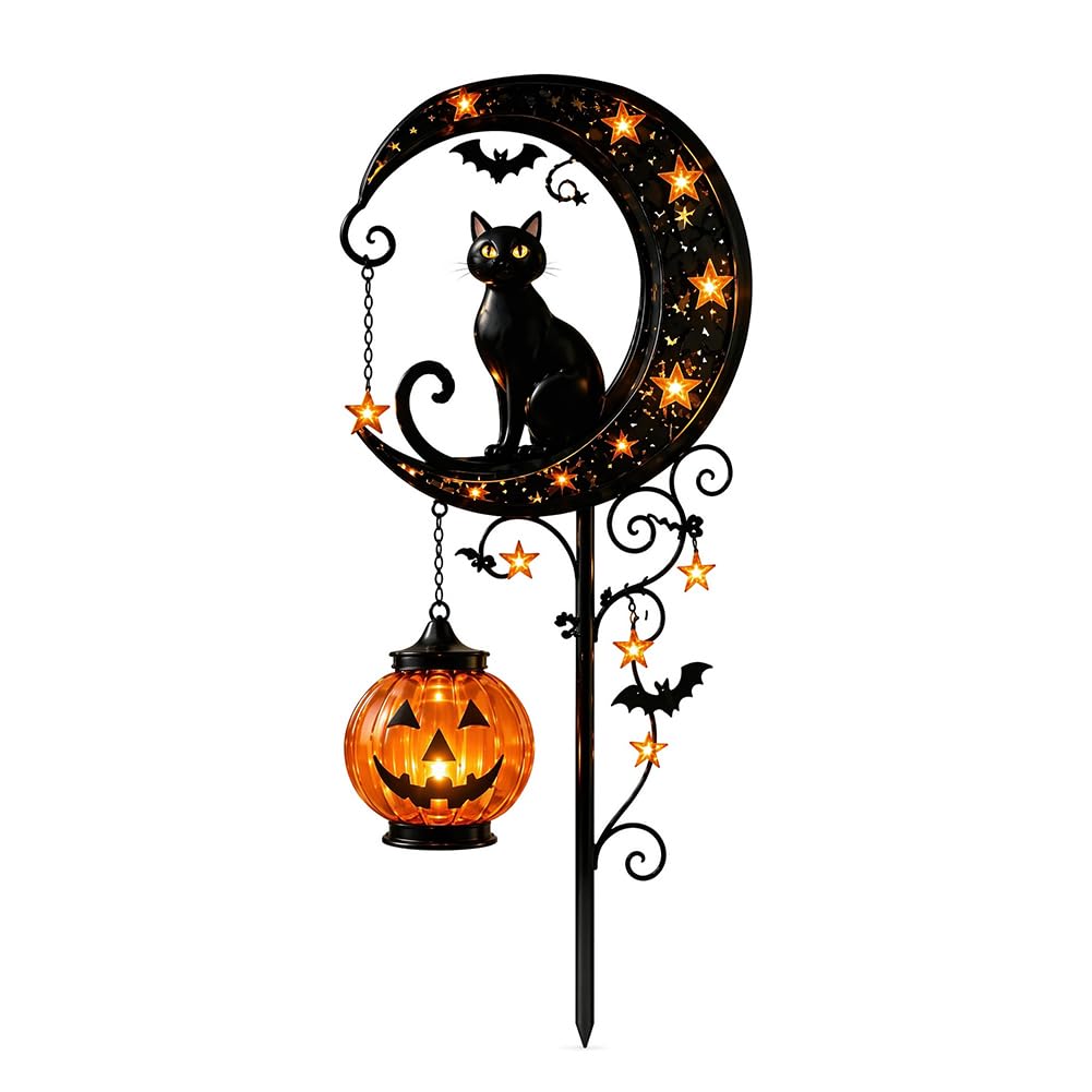 Solar Halloween Black Cat Pumpkin Moon Garden Stake Light,IP45 Waterproof Crackle Glass LED Pathway Lamp,Metal Crescent Yard Decor for Lawn Patio Outdoor Halloween Displays