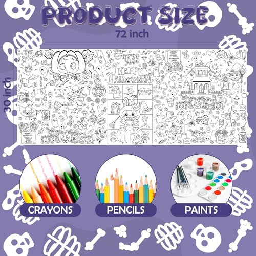 Image of Halloween Giant Coloring Tablecloth,Halloween Crafts for Kids - 72x30 Inches, Paper Coloring Banner Games Activities Gifts Party Decorations