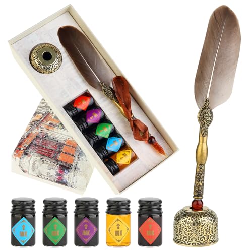 GC QUILL Feather Glass Dip Pen and Ink Set Glass Calligraphy Pen with 5 Colors Ink and Pen Holder for Writing Drawing MU-21