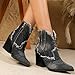 LVOMU Women's Embroidery Denim Western Cowboy Ankle Boots With Side Zipper Fashion Pointed Toe Stack Heel Cowgirl Mid Calf Boots Comfort Walking Dress Booties (black,6,6)