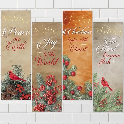 Hahafelt 4 Pcs 2 x 6 ft Christmas Church Banners for Sanctuary Wall Christian Banners with Scripture Religious Prayer Flags Worship Praise Hanging Signs Inspirational Backdrop for Xmas Church Decor
