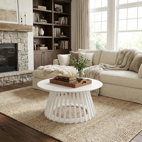 Image of HNY White Round Coffee Table, Wood 31.5 inch Center Table for Living Room | Modern Mid Century Circle Coffee Table with Fluted Base for Outdoor Patio, Home Small Space, Bedroom, Apartment, Studio