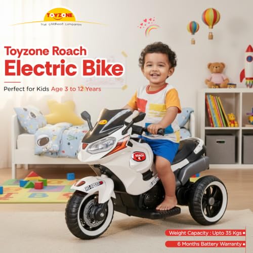Image of Toyzone Roach Electric Bike (White) | 6V Rechargeable Bike for Kids with 4.5Ah Battery | LED Lights, Music, MP3 /USB /BT | Smooth Acceleration | 6M Battery Warranty | Age 2-8 Years, Up to 35kg