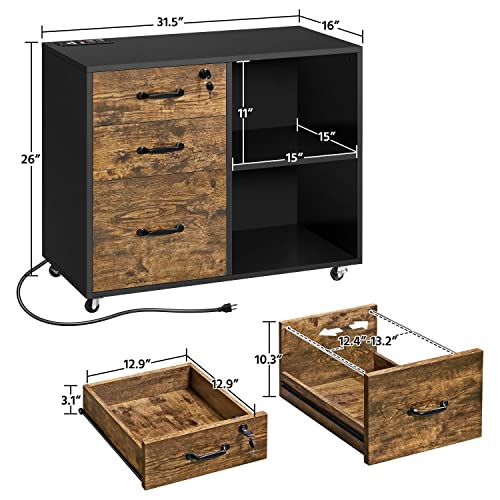 Yaheetech File Cabinet Lateral Filing Cabinet With Socket And Usb Charging Port Mobile Filing Cabinet Printer Stand For Home And Office Black/Rustic Brown #TOP2