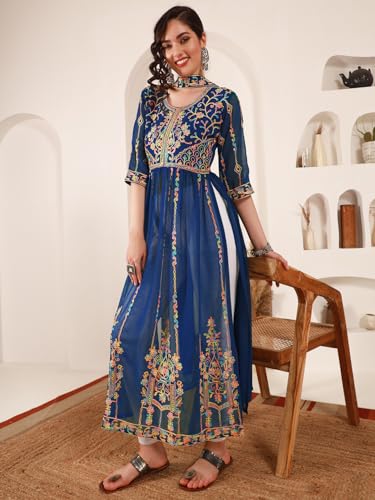 Image of EthnicJunction Women's Georgette Embroidered and Sequence Work Naira Cut Kurta and Dupatta Set