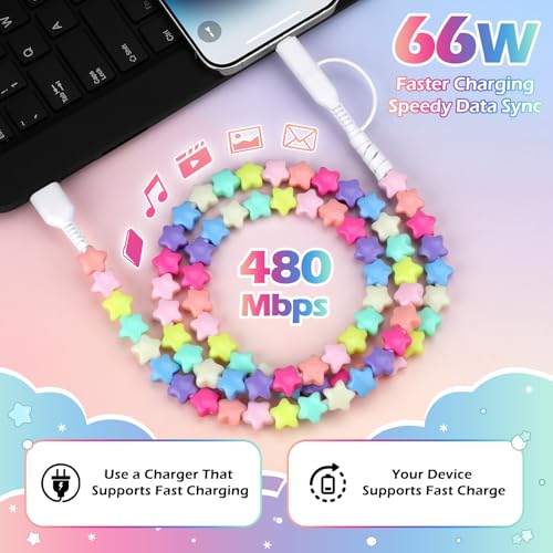 Image of Aolcev USB C Cable 66W 2 in 1 Multi USB to USB C Fast Charging Cable 3.3FT Beaded for iPhone Charger Star Beads USB Type C Charger Cord for iPhone 17 16 15 14 Pro Max Galaxy S25 S24 Ultra Rainbow