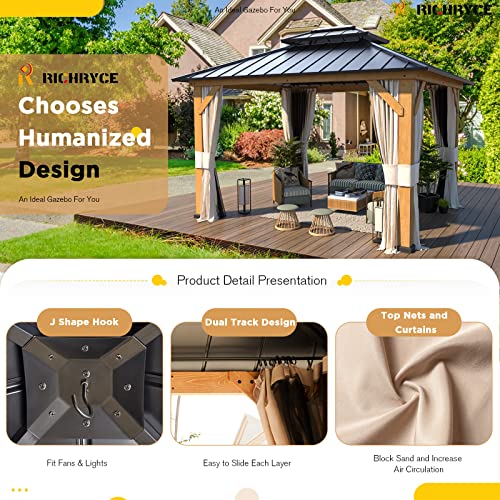 Richryce 11' X 13' Solid Wood Gazebo, Hardtop Gazebo Plastic Sprayed Metal Roof Outdoor Gazebo Canopy Double Vented Roof Pergolas Wood Frame With Netting And Curtains For Garden, Patio, Lawns, Parties #TOP3