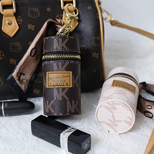 Rilost 2Pcs Lipstick Case, Leather Lip Gloss Lipstick Organizer With Keychain, Mini Lipstick Holder Bag, Girls Travel Lipgloss Makeup Storage For Lipstick Lip Gloss Cosmetics (Brown, White) #TOP2
