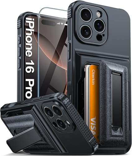 Oterkin for iPhone 16 Pro Case Wallet Built-in Card Holder (4-5 Cards) & Kickstand [RFID Blocking][9H Screen Protector][Full Camera Protection] Rugged Silicone Phone Case for iPhone 16 Pro Black