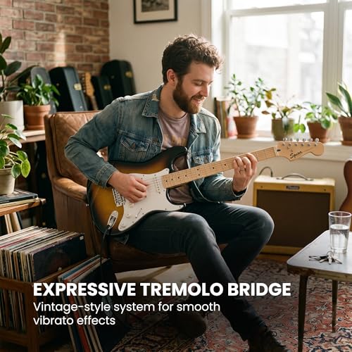Image of Fender Squier Sonic Stratocaster - 2-Color Sunburst Bundle with Mustang Micro Headphone Amp, Cable, Tuner, Strap, Picks, and Austin Bazaar Instructional DVD