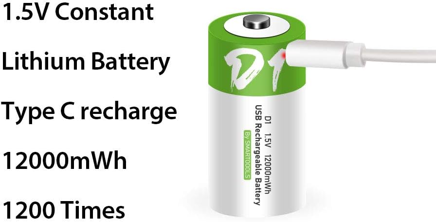 Two USB D Lithium-ion rechargeable batteries showing the difference between a blinking red LED (charging) and a solid red LED (fully charged).