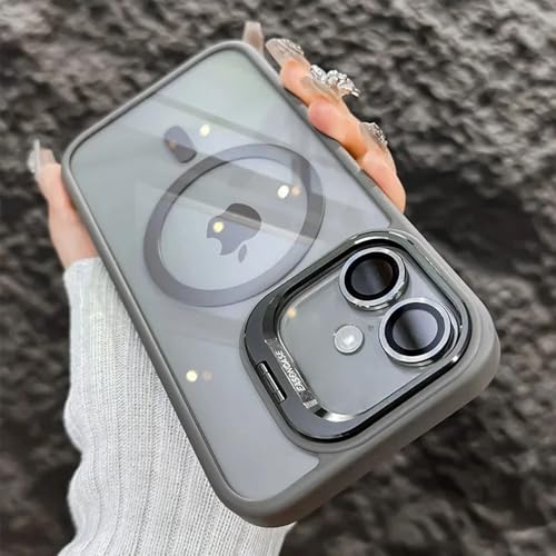 Image of LuxuryKase Clear Case Compatible with MagSafe for iPhone 16 Plus | Shockproof Transparent Cover with Camera Lens Protection | Metal Ring Stand & Wireless Charging Support - Grey