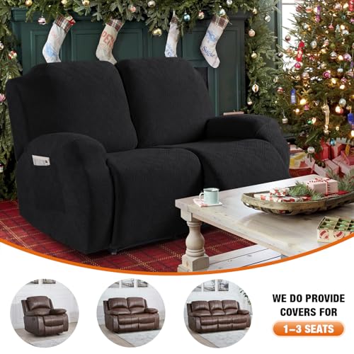 Image of VANSOFY Recliner Cover, 2-Pieces Stretch Reclining Couch Cover with Pockets Loveseat Sofa Slipcovers Soft Washable Furniture Protector for Dogs Cats(Black)