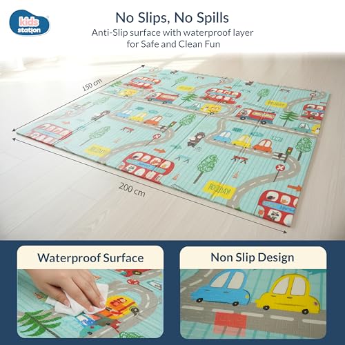 Image of Kids Station Double-Sided Waterproof Baby Playmat - Foldable, Portable & Reversible Foam Mat for Infants, Toddlers & Kids - Soft, Non-Slip, Easy-to-Clean Baby Crawling Mat for Indoor /Outdoor Use (200x150x0.8cm, City & Rocket Print)