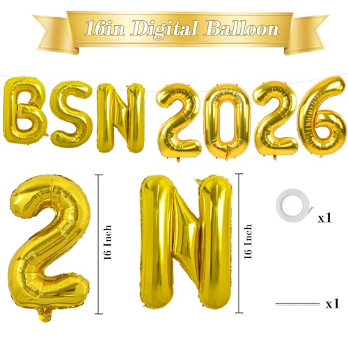 Image of TONIFUL 2026 Nurse Graduation Decorations Gold BSN 2026 Balloons 16 Inch BSN 2026 Graduation Balloons Class of 2026 Congrats Nurse Balloons Decorations 2026 Nursing Graduation Party Supplies